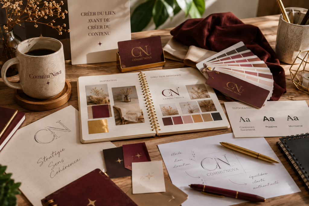 Création d’une identité visuelle avec moodboard, palette de couleurs, typographies et recherches graphiques.