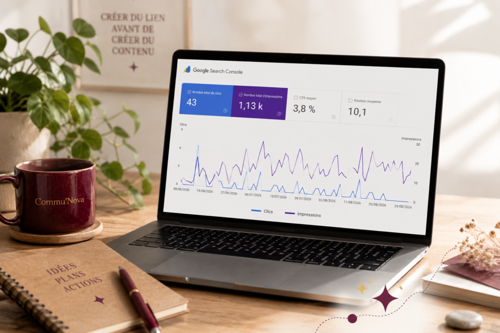 Données Google Search Console de Commu’Nova montrant l’évolution des clics et des impressions du site