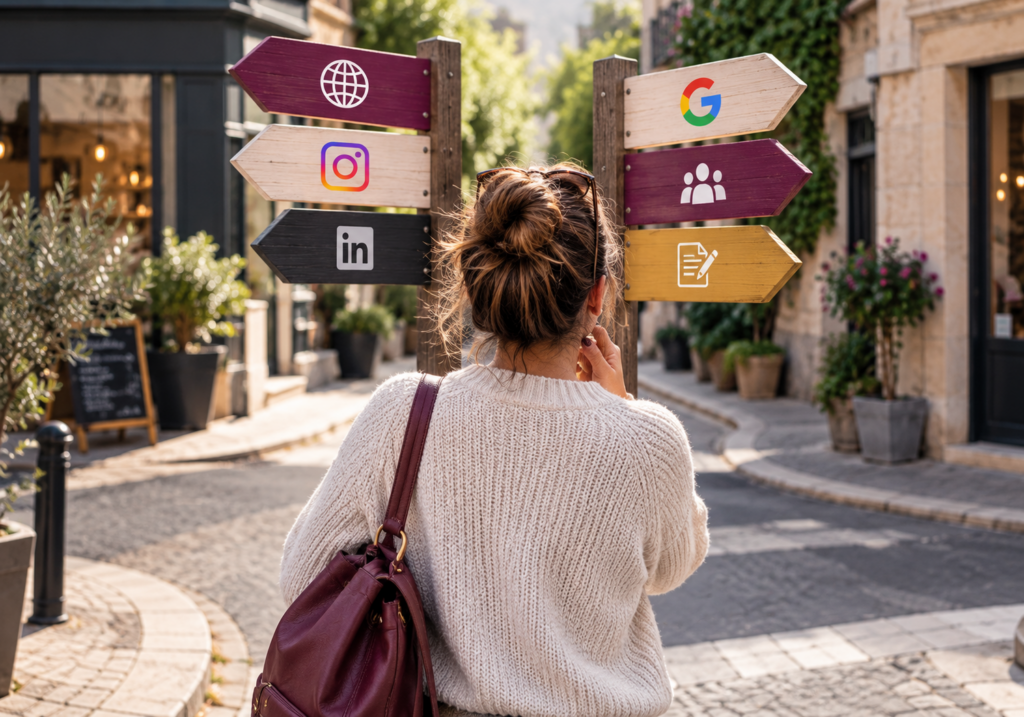 Femme face à plusieurs directions symbolisant Google, un site internet et les réseaux sociaux dans le parcours de visibilité d’une entreprise.