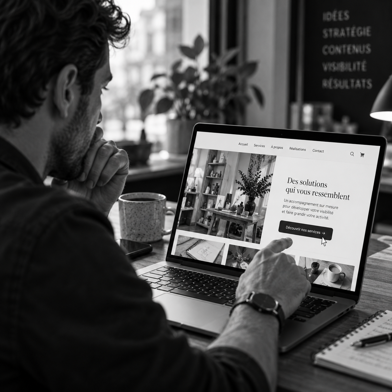 Homme consultant un site internet sur un ordinateur, la main proche du clic avant de poursuivre sa navigation.
