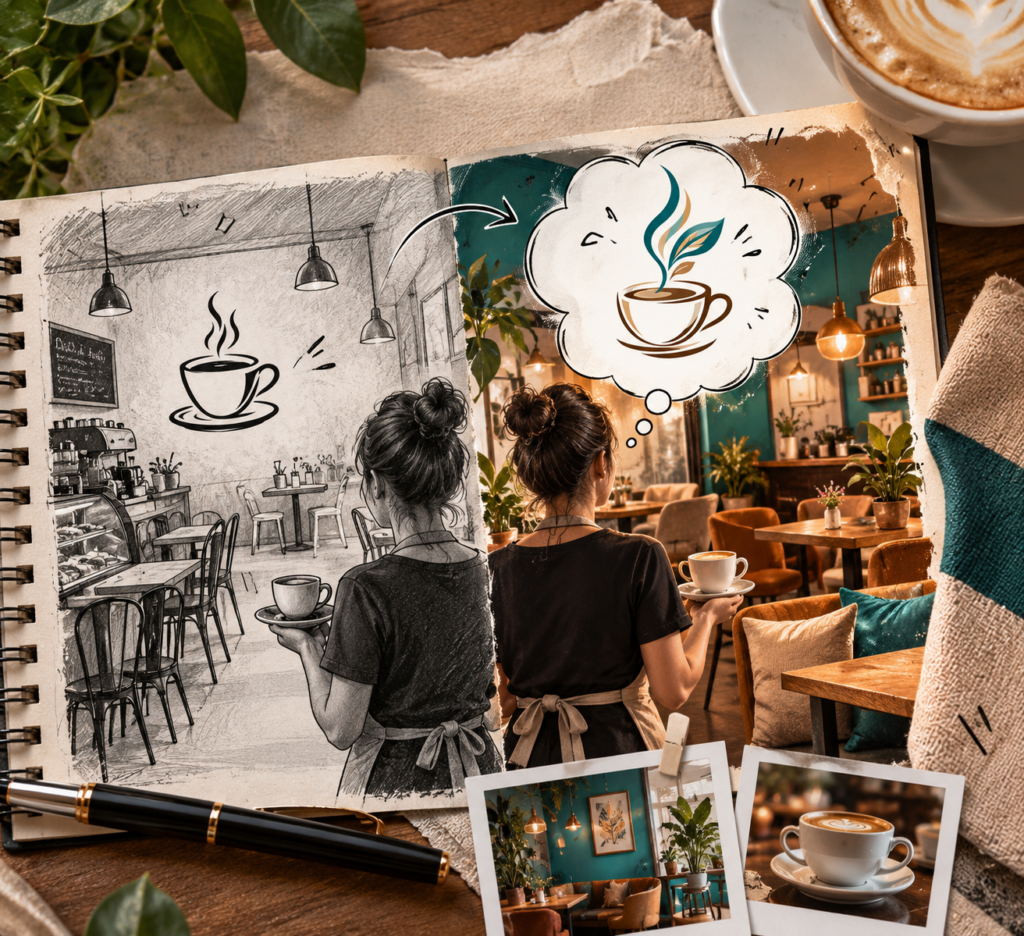 Coffee shop imaginé avant et après son évolution visuelle, du noir et blanc à un univers chaleureux turquoise, beige et marron.