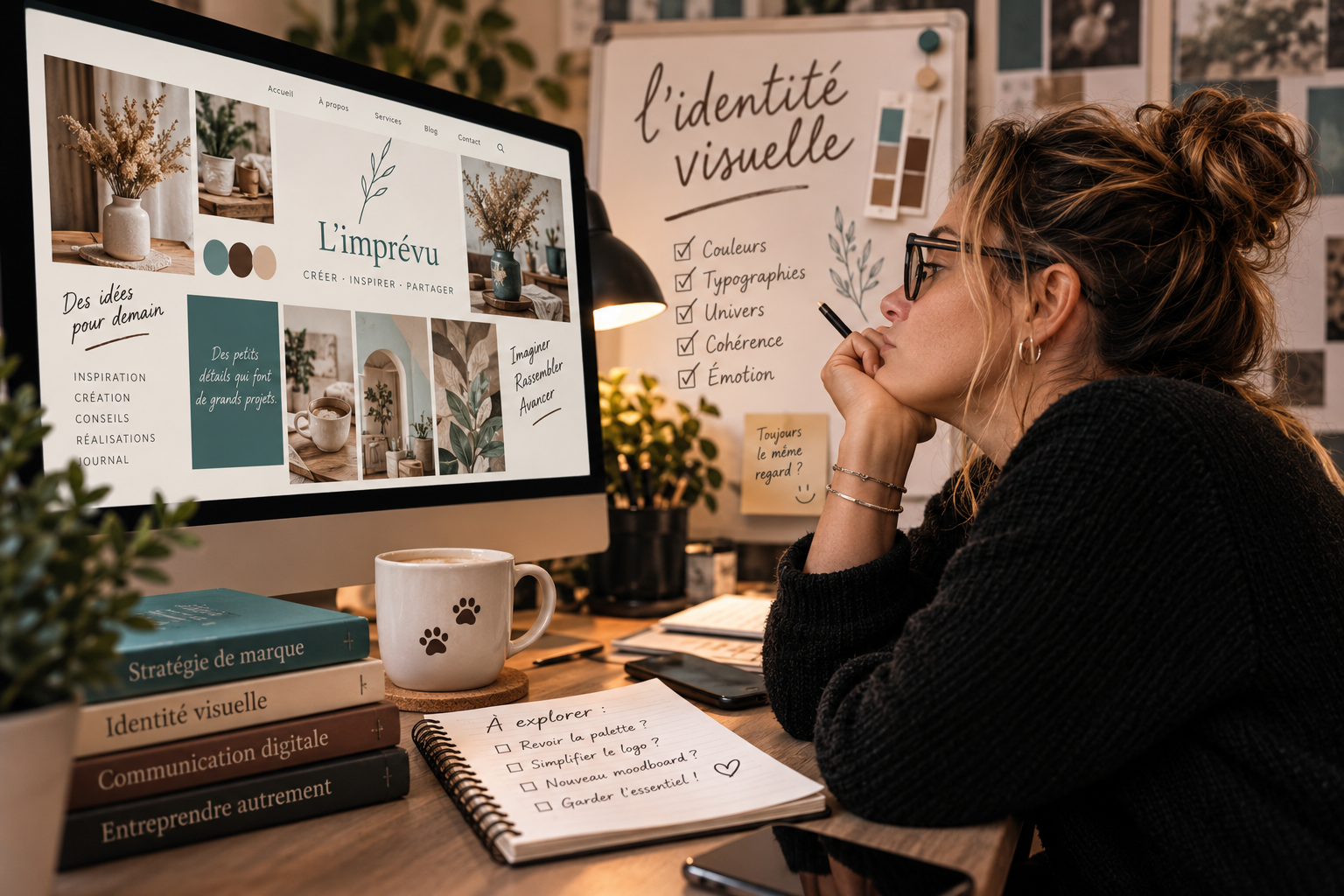 Femme observant une identité visuelle sur son écran, entre logo, couleurs et supports de communication.