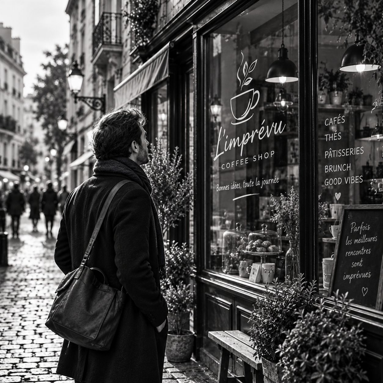 Homme observant la vitrine d’un coffee shop et son identité visuelle.