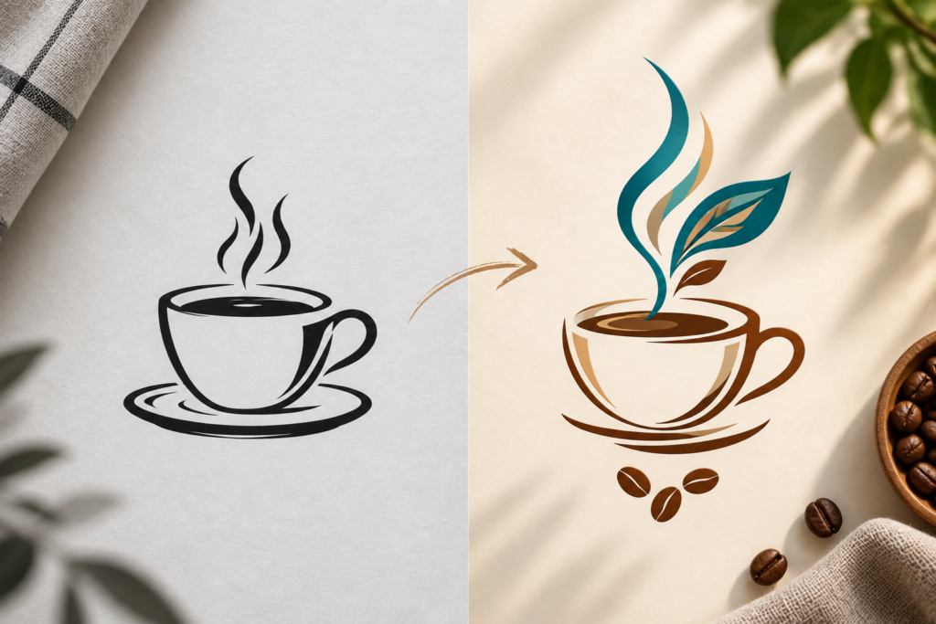 Comparaison avant-après d’un logo de coffee shop, d’une tasse noire minimaliste à une identité colorée plus affirmée.