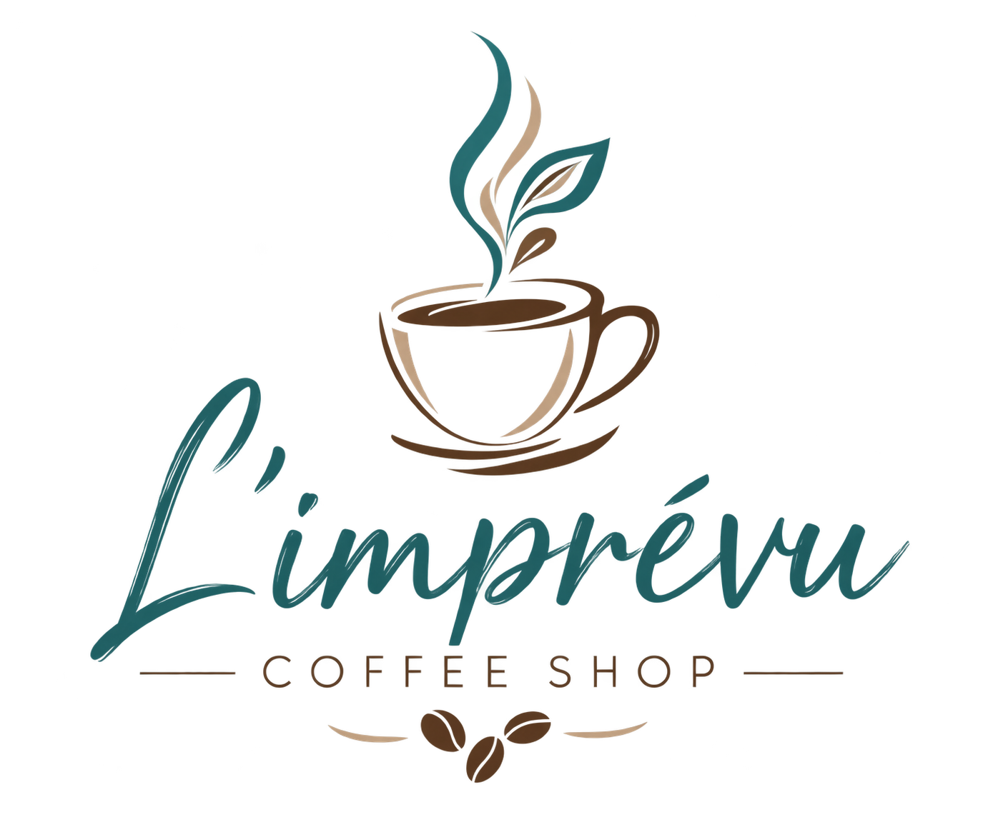 Logo fictif L’Imprévu Coffee Shop avec tasse de café, feuillage et grains de café.